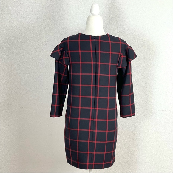 Zara Trafaluc Plaid Ruffle Shoulder Shift Dress Mini Navy Red Size XS - Picture 5 of 7